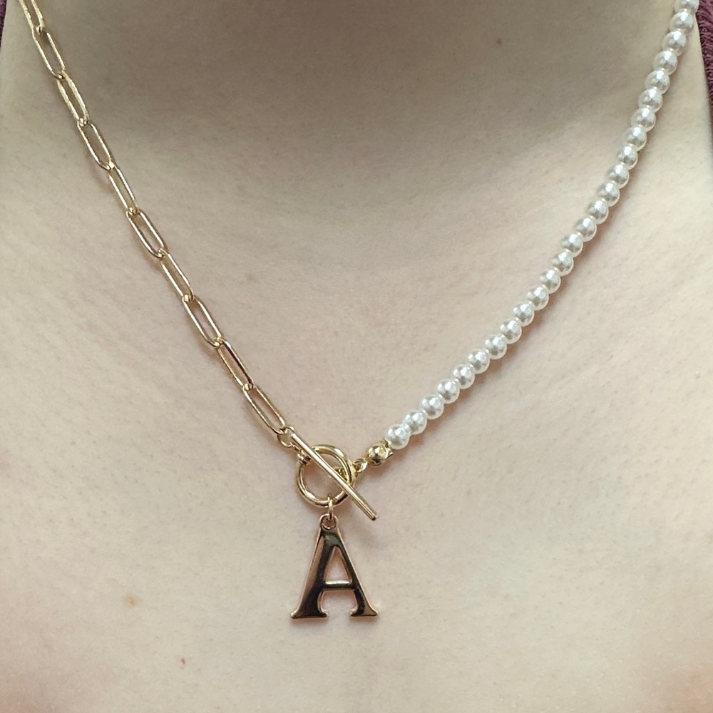 Gold and White Pearl 'A' Initial Toggle Necklace